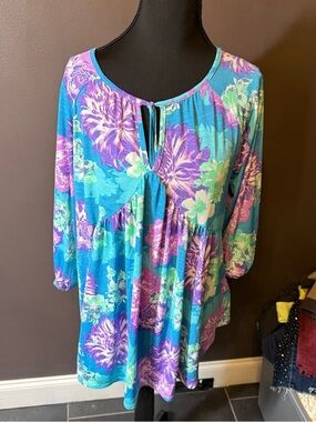Honeyme Teal Floral Tie-Front Tunic with Purple Accents
